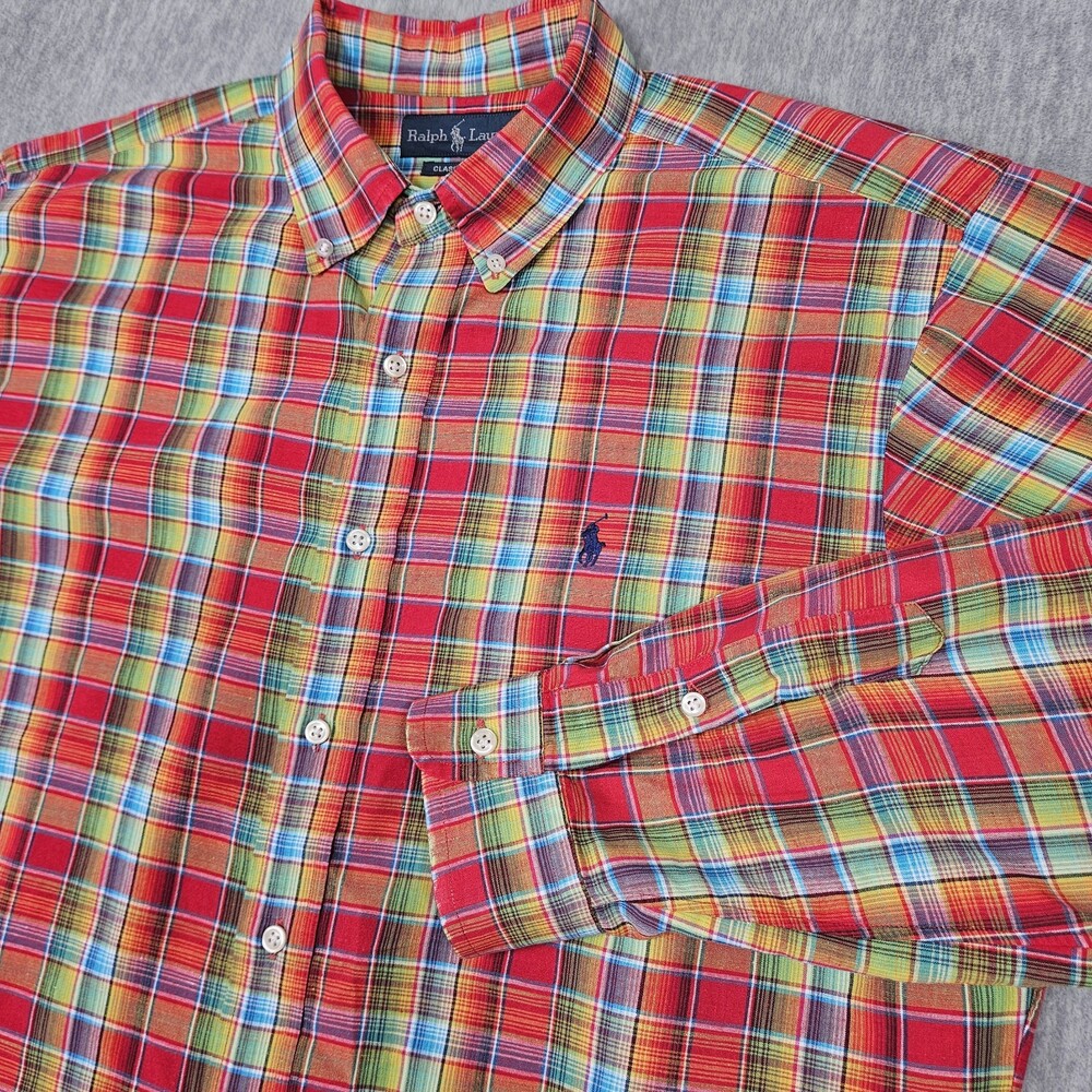 Ralph Lauren Shirt Mens Large Linen Blend Classic Fit Plaid Long Sleeve Button